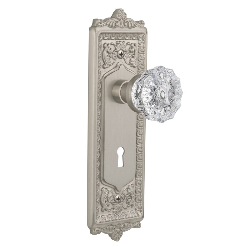 Clear Crystal Interior Mortise Door Knob with Egg & Dart Long Plate, Satin Nickel