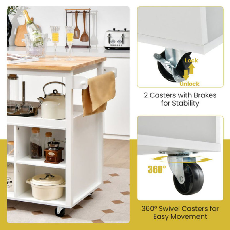White Kitchen Cart with Rubber Wood Countertop and Storage Shelves