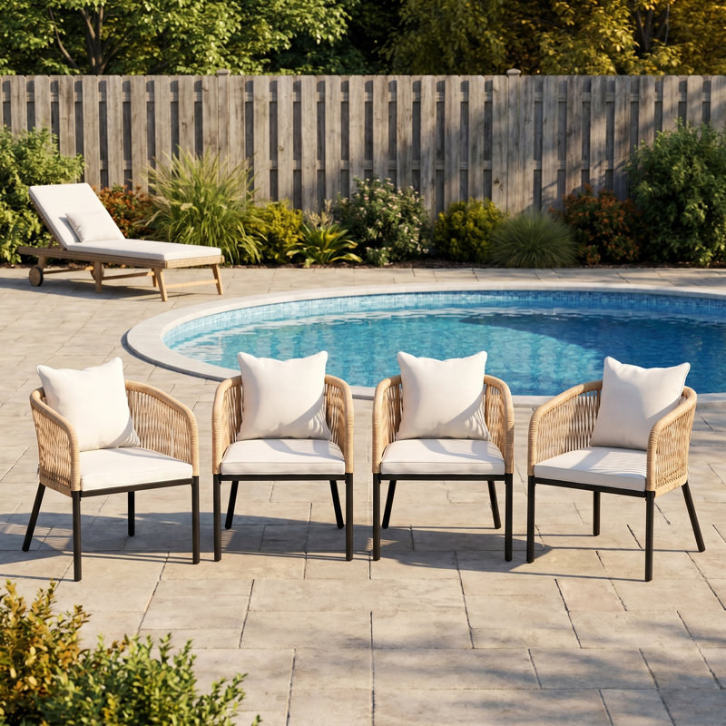 Chaises de salle à manger d'extérieur en PE avec coussins 4 pièces, Coussin beige / accoudoir naturel