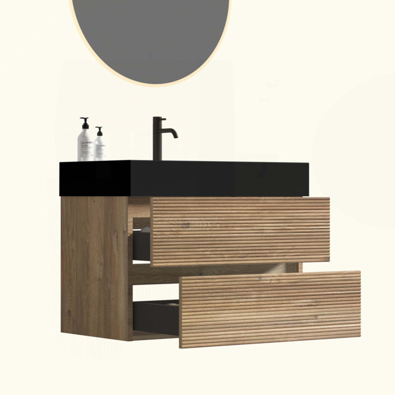 Meuble-lavabo de salle de bain avec lavabo en quartz d'ingénierie et tiroirs souples, meuble-lavabo mural flottant pour salle de bain moderne, lavabo une pièce mat, KD