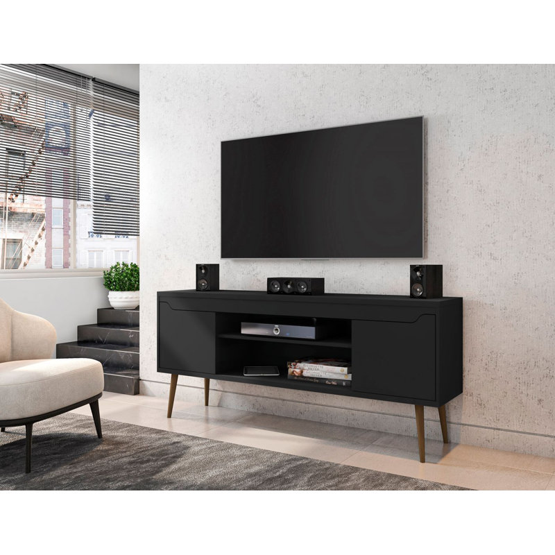 Bradley 63" Mid-Century Modern 4-Shelf TV Stand for TVs up to 60" in Black, Black