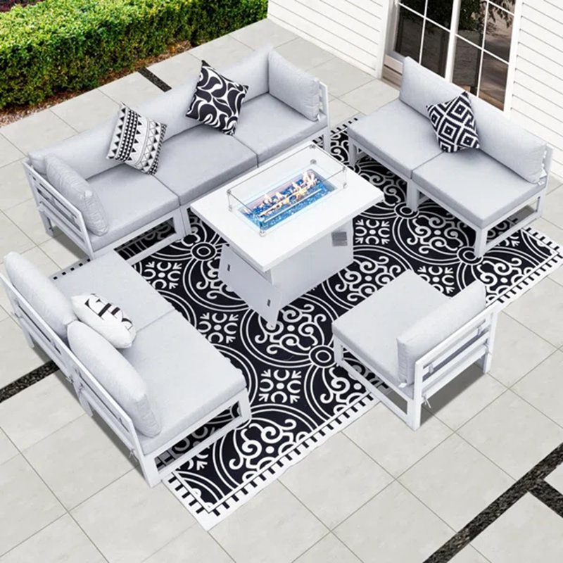 Modern 9-Piece Aluminum Patio Conversation Set with Propane Fire Pit Table, 500lb Capacity Heavy-Duty Outdoor Sectional Set with Cushions