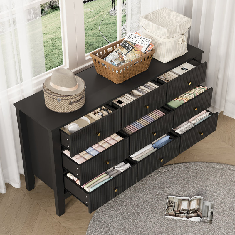  Valdir 57.3'' W Fluted Drawer Dresser, Wood Chest of Drawers, Black