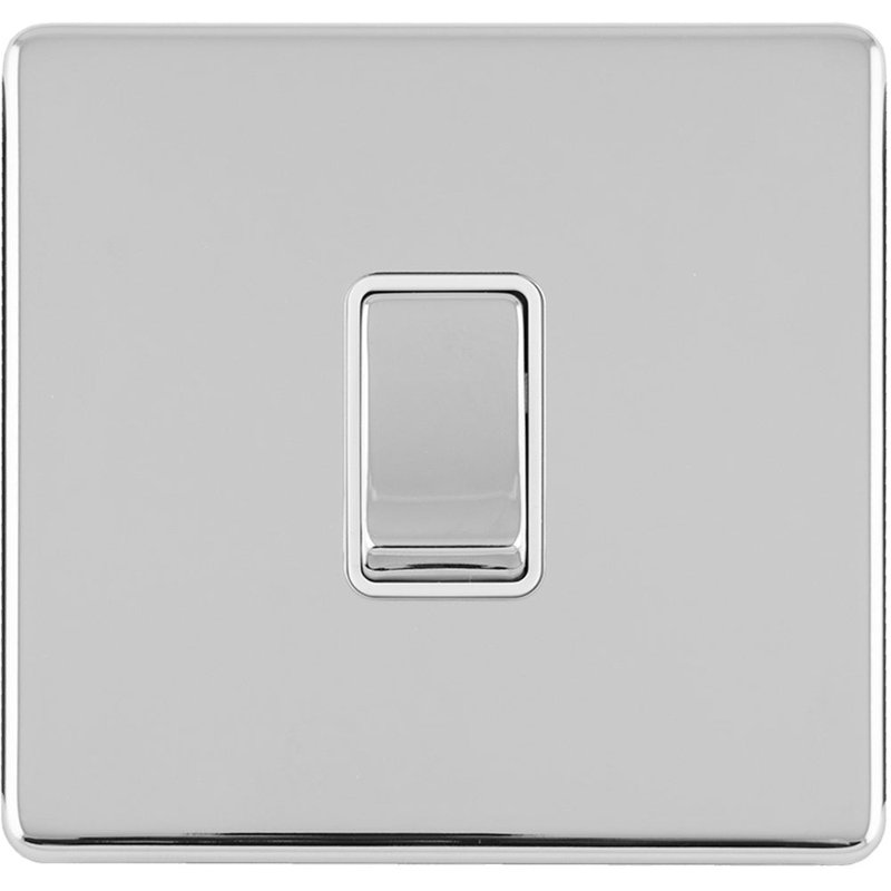 1 Gang Single Light Switch SCREWLESS  2 Way 10A Metal Rocker Slim, Silver, Polished Chrome