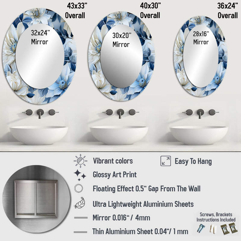 Motif botanique arctique bleu et blanc - Miroir décoratif floral ovale sur métal, H 40 po x l 30 po