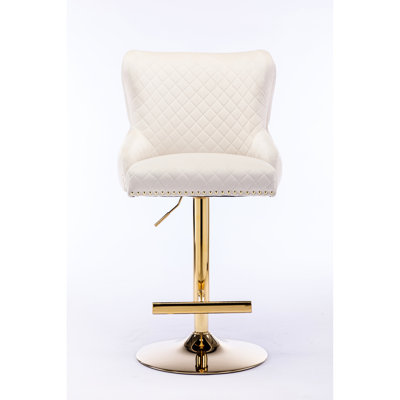 Tabouret de bar en velours beige, hauteur réglable, dossier à losanges luxueux, coussin décoratif en forme de tête de lion dorée, résistance des pieds dorés électrolytiques, protection antidérapante
