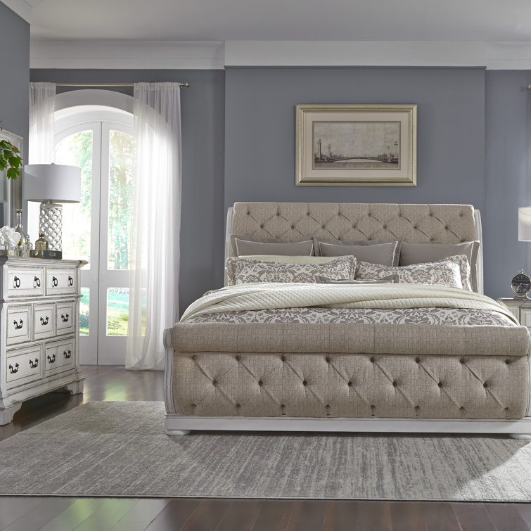 Upholstered Sleigh Bed, Dresser And Mirror Set