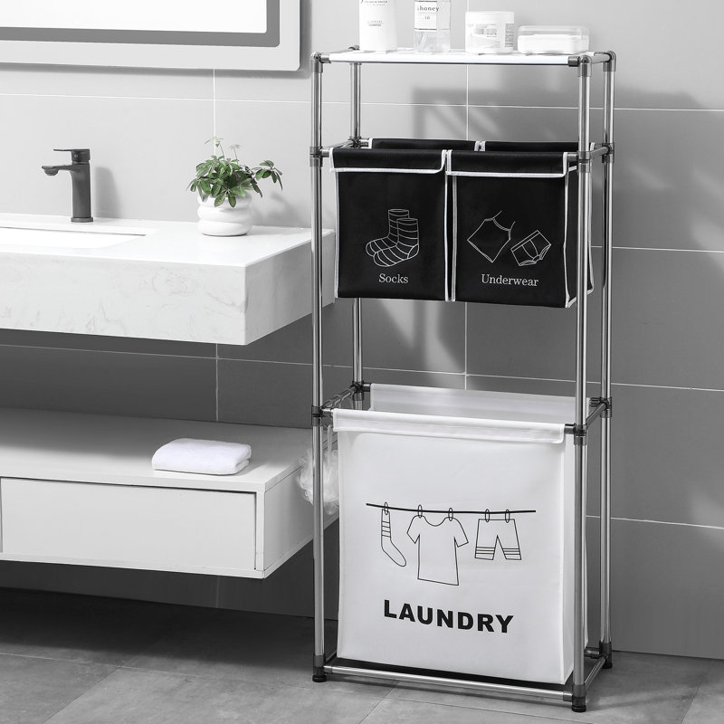 Panier à linge à 3 niveaux avec 4 sacs, cadre en fer robuste et imperméable, espace de rangement organisé pour la maison