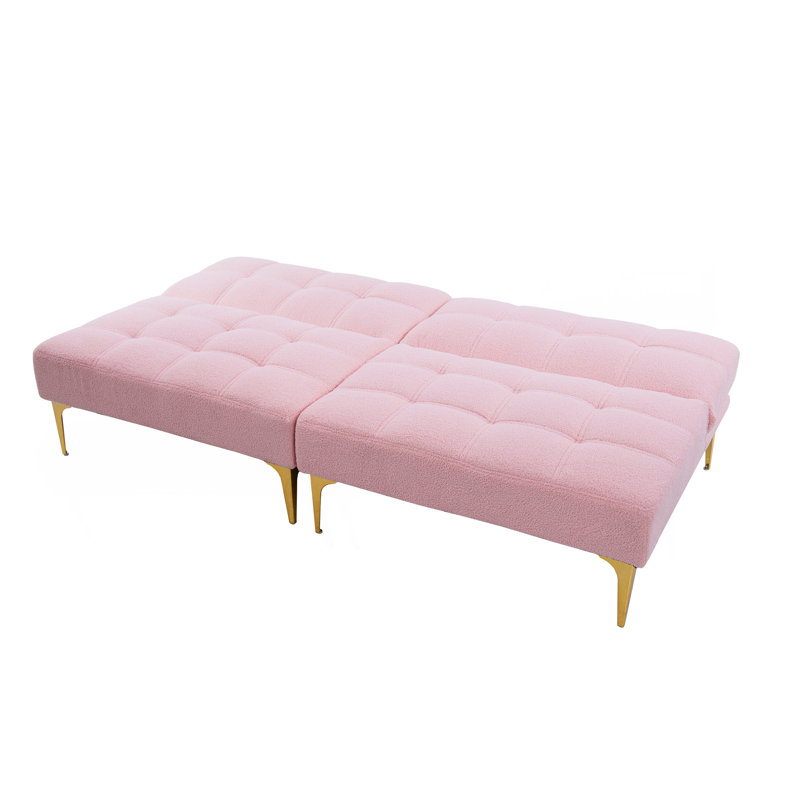 71" Convertible  Sofa Bed Futon With Gold Metal Legs Teddy Fabric (Pink), Pink
