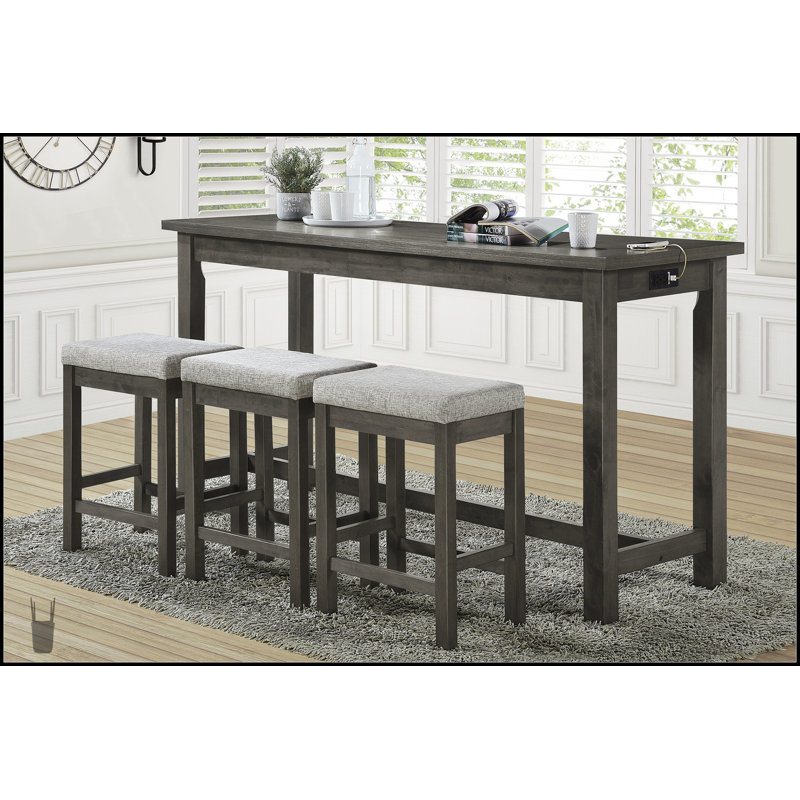 Ensemble de salle à manger 4 pièces à hauteur de comptoir avec finition grise, ports USB intégrés, prises de courant et 3 tabourets confortables pour les cuisines modernes