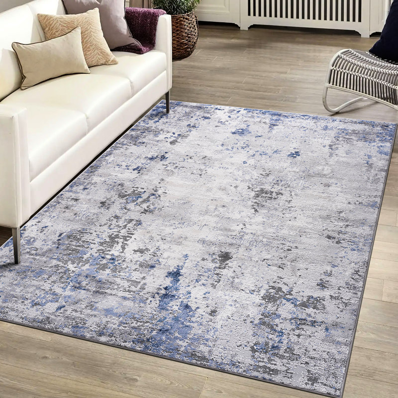 Tapis 6X9 argent / bleu / abstrait, Rectangle 6 pi 6 po x 7 pi 7 po
