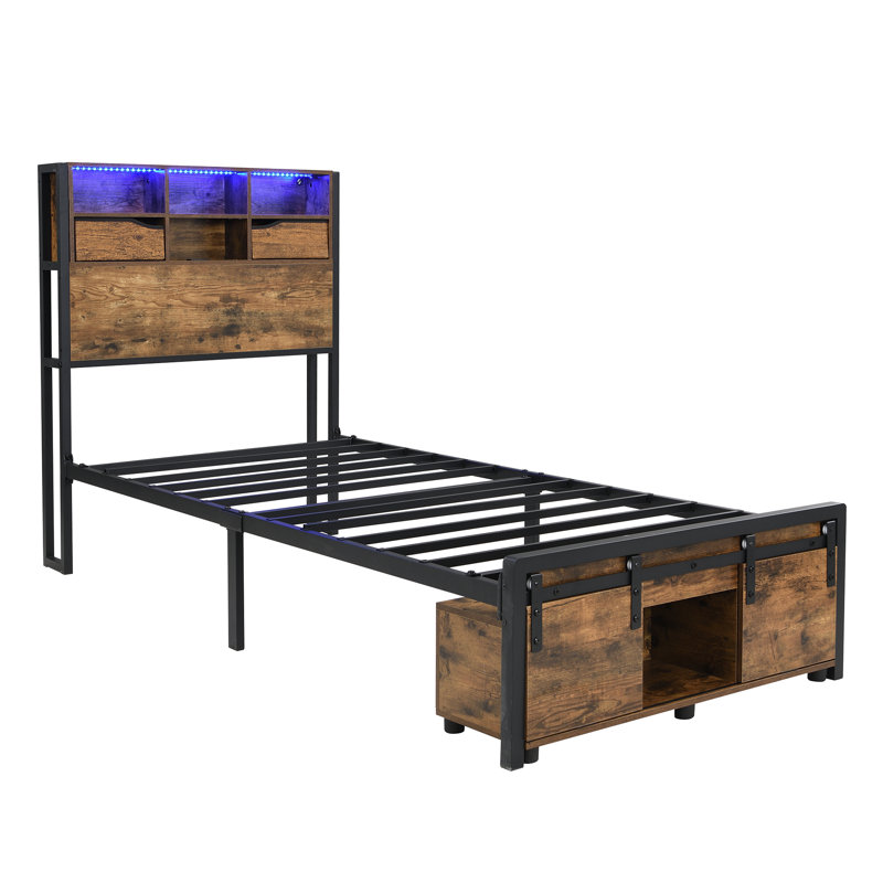 Metal Bed With Storage Industrial Style, Twin