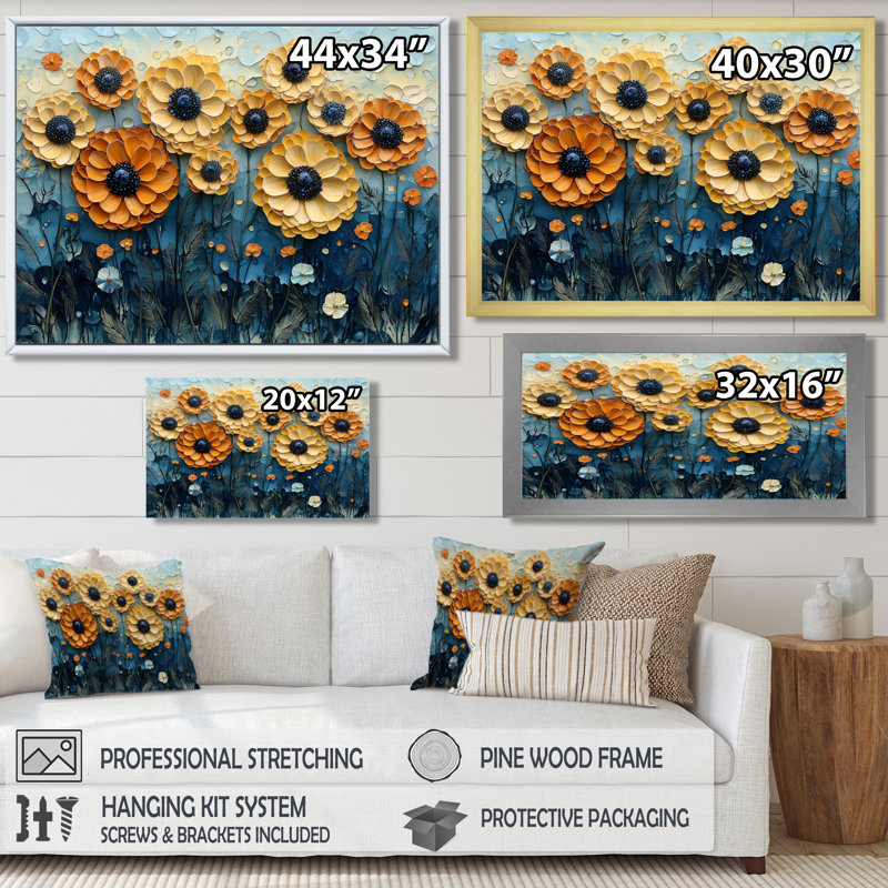 Collage géométrique «Marigold Field Collage I» - souci, H 12 po x l 20 po, Reproduction encadrée d'une seule photo, Noir