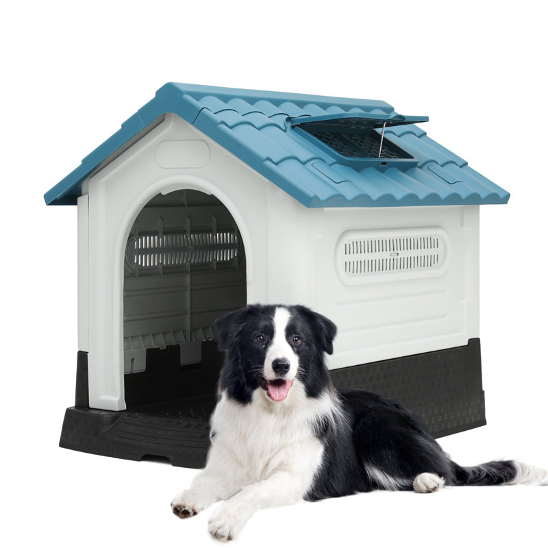 Medium Blue and White Insulated Plastic Dog House with Raised Floor