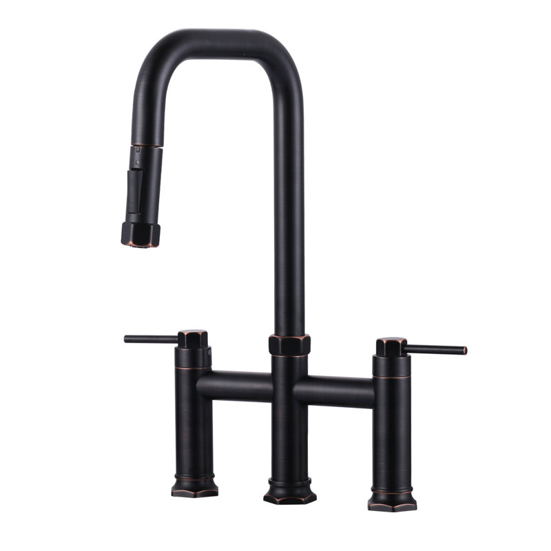 3 Holes Brass Double Handle Bridge Kitchen Faucet With 2-Mode Pull Down Sprayer And Supply Lines, Oil Rubbed Bronze