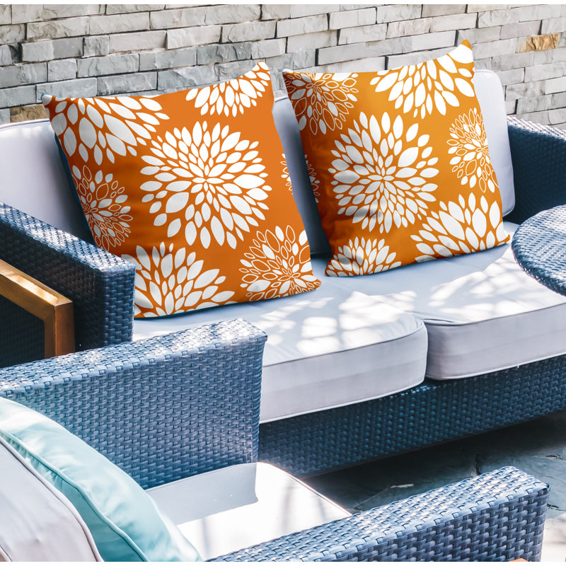 Floral Outdoor Reversible Throw Pillow, 15W" x 15H", Orange