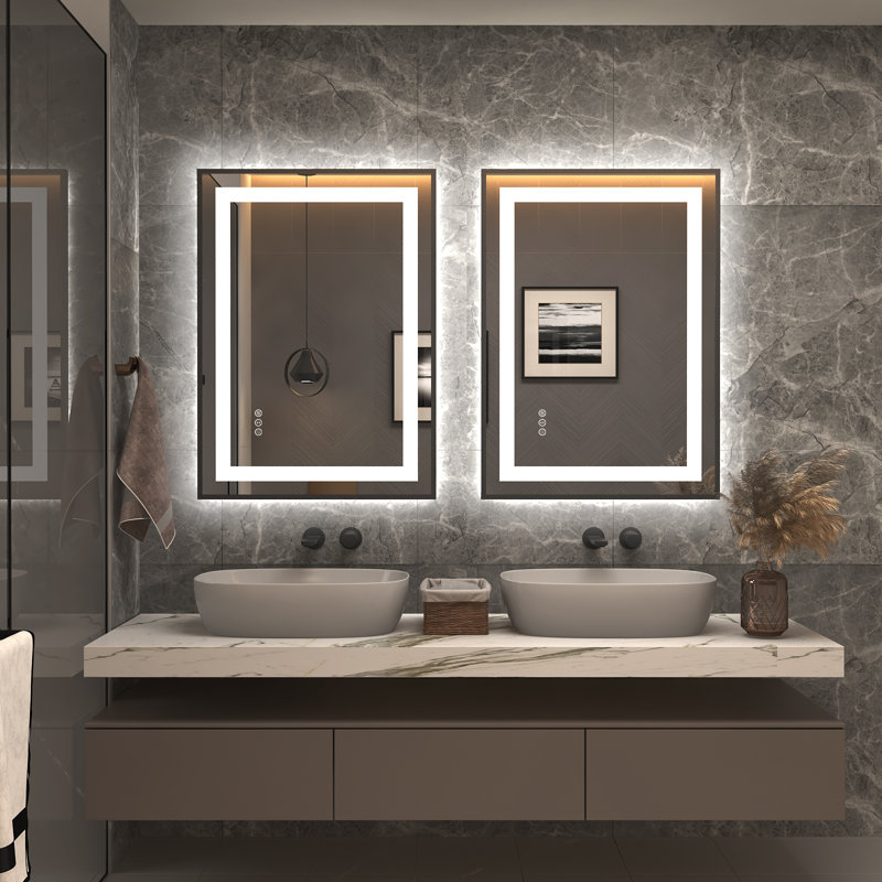 Matte Black LED Lighted Anti-Fog Vanity Mirror with Tempered Glass, 28" x 20"