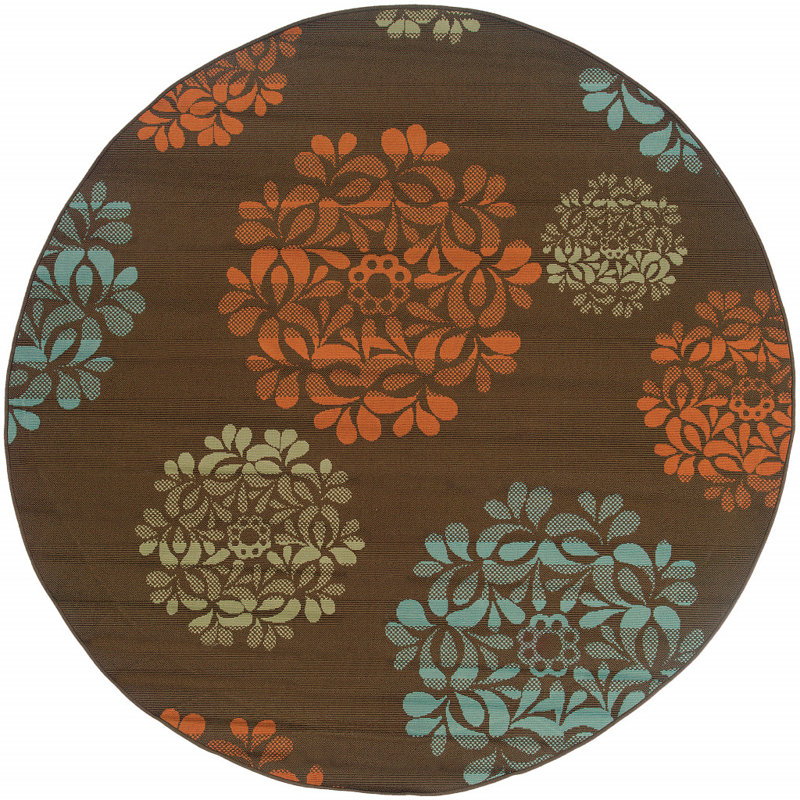 Tapis d'intérieur / extérieur à motif floral brun / bleu Ashmi, Rectangle 6 pi 7 po x 9 pi 6 po
