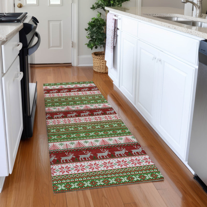 Machine Washable Indoor/Outdoor Christmas Reindeers Xhevrie Green Rug, Runner 2'3" x 7'6"