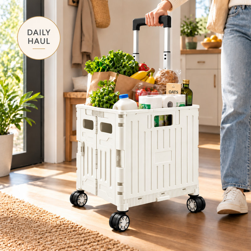 Chariot utilitaire pliant roulant avec couvercle, caisse de rangement pliable avec roues et rangement verrouillable, blanc
