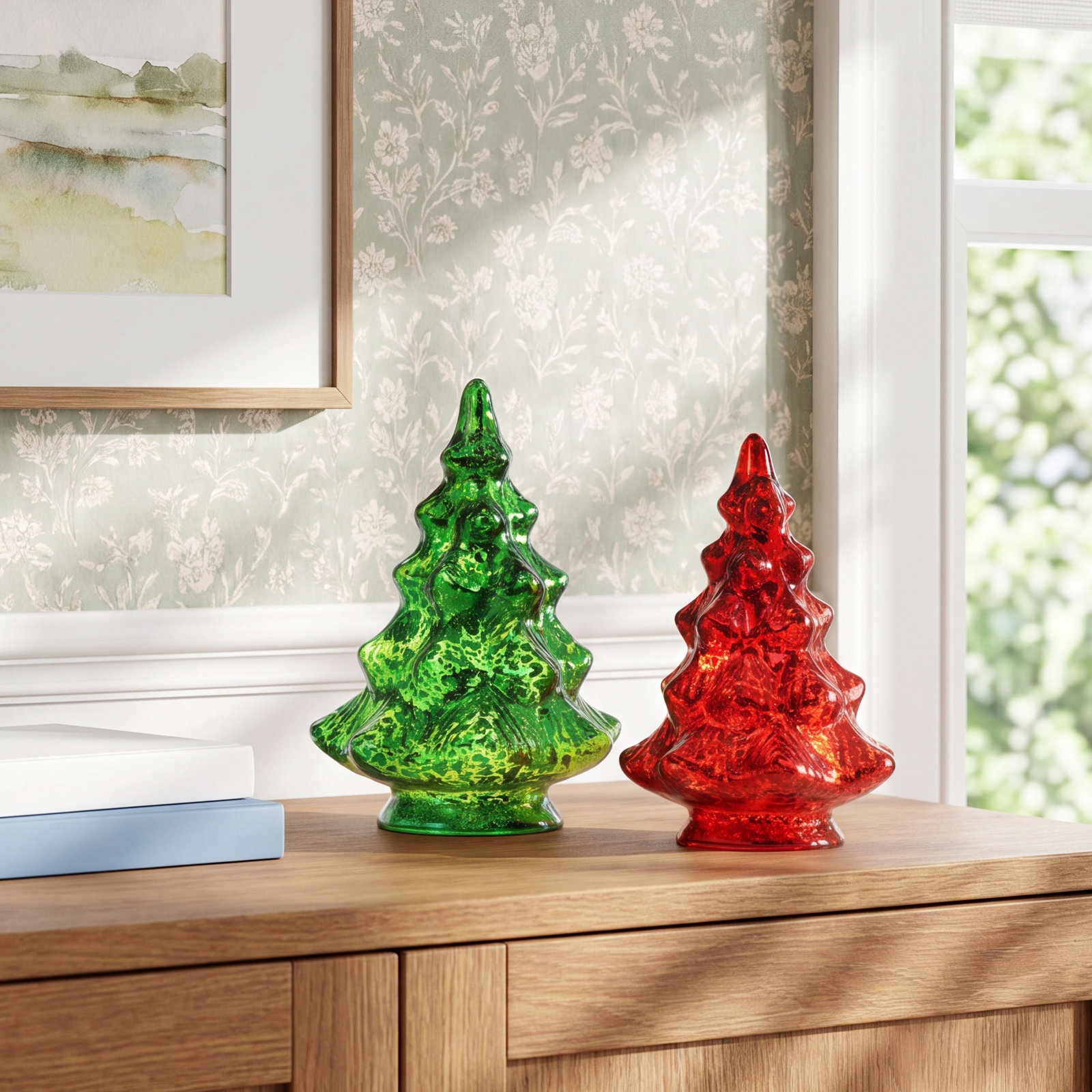 Lighted Glass Tabletop Tree, Red/Green