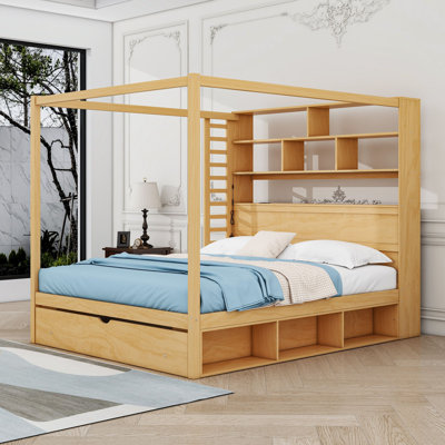 Lit coffre à baldaquin en bois avec tête de lit bibliothèque, ports USB et éclairage DEL