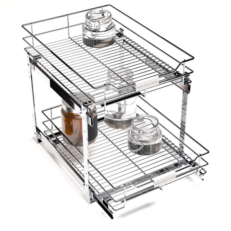 Rangement coulissant dans l'armoire avec tablettes de rangement à 2 niveaux et glissières à roulement à billes, largeur de 14 po
