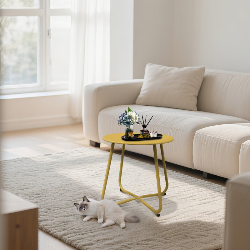 Outdoor Side Table, 18'' Round End Table With Square Feet, Yellow