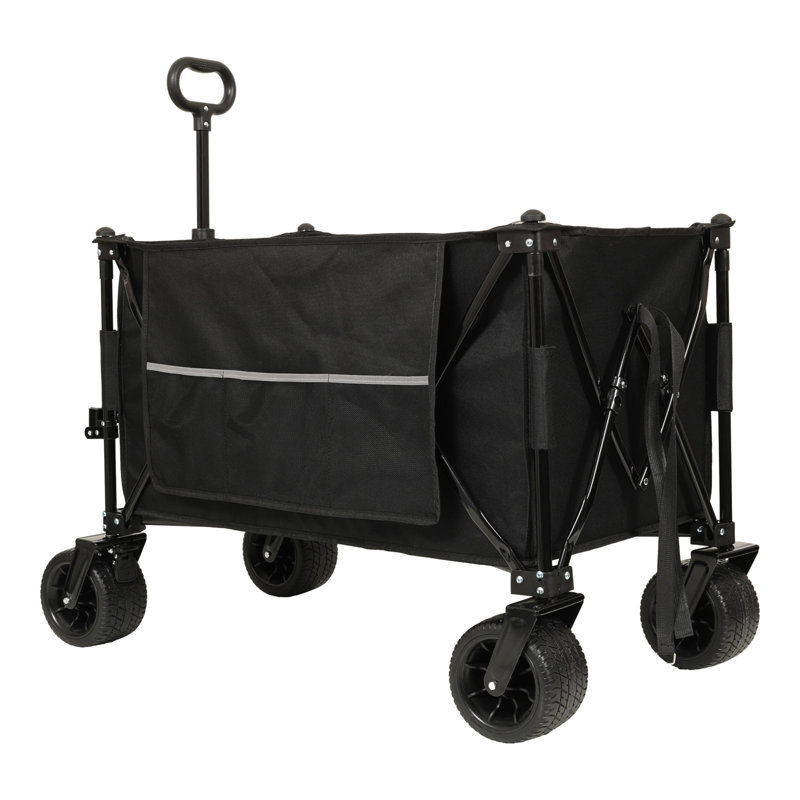 Chariot allongé pliable et pliable, capacité de poids de 480 lb, chariot de jardin pliant robuste avec grandes roues tout-terrain et porte-boissons, poche latérale et freins