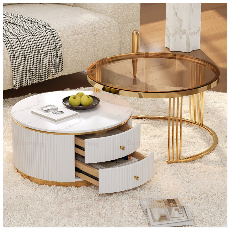 Table basse gigogne moderne 2 pièces avec tiroirs et plateau en verre trempé Modern
