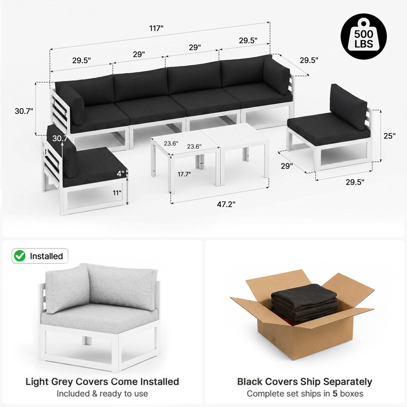 Gilemette 8-Piece Modern Aluminum Outdoor Sectional Seating Group with Cushions & Coffee Table, Rust-Resistant Patio Conversation Set