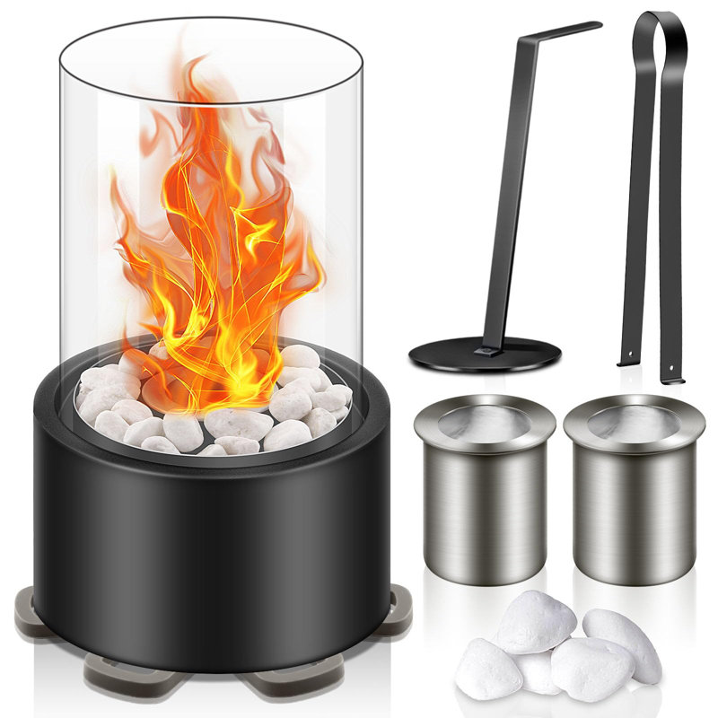 Glass Ethanol Outdoor Tabletop Fireplace with Flame Guard, Black