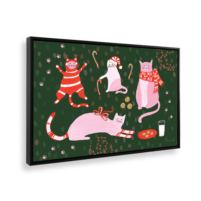 «Mischief Kitty Christmas I» par Yvette St. Amant, reproduction d'art sur toile, H 12 po x l 18 po, Cadre flottant, Noir