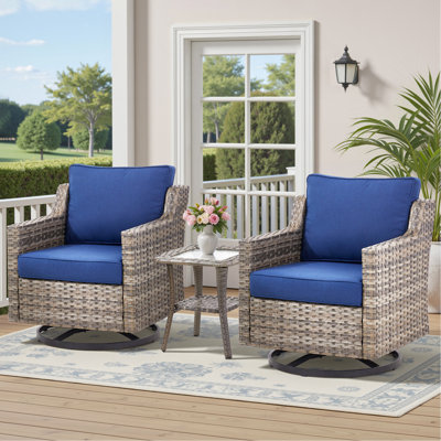 Swivel Outdoor Chairs Set Of 2, With Glass-Top Side Table, 3 Pieces Gray Wicker Furniture Set Ideal For Porch, Poolside, Deck, And Yard In Blue