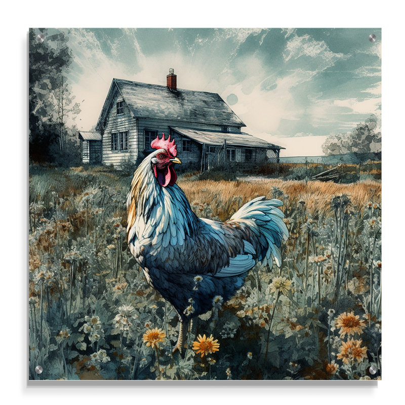 Coq sur une ferme I - Art mural moderne en acrylique, H 16 po x l 16 po