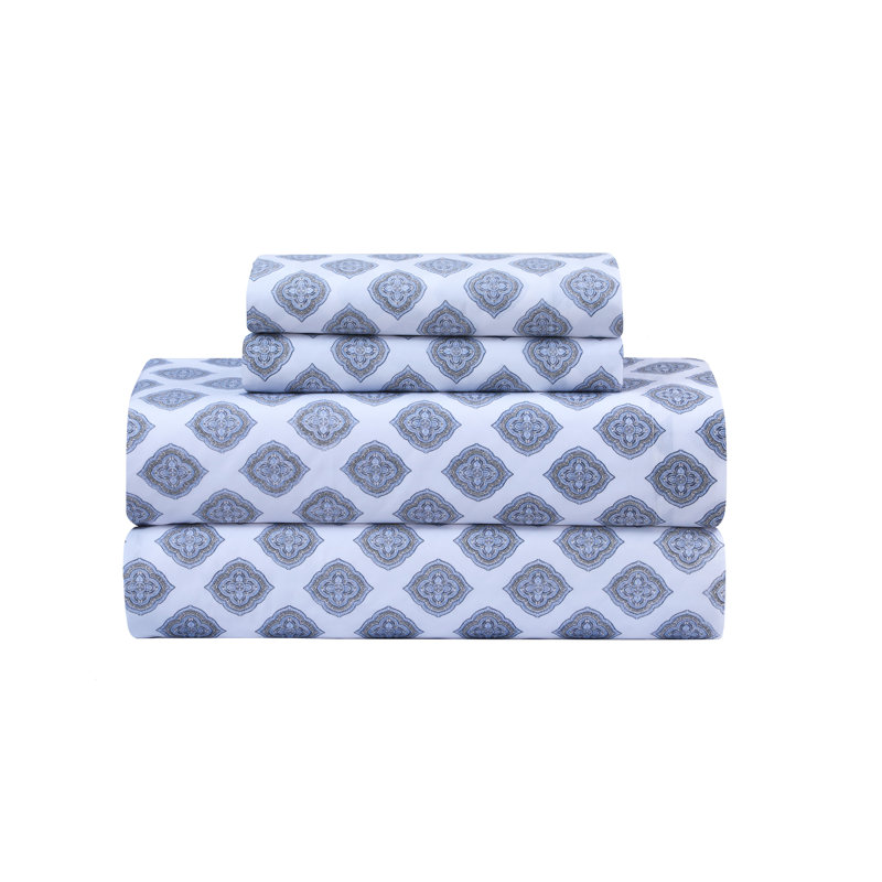 100% Cotton Sheets, 300 Thread Count Percale Weave Bedding, 16" Deep Pocket, Queen Sheet Set with 2 Pillowcases, Aqua Paisley