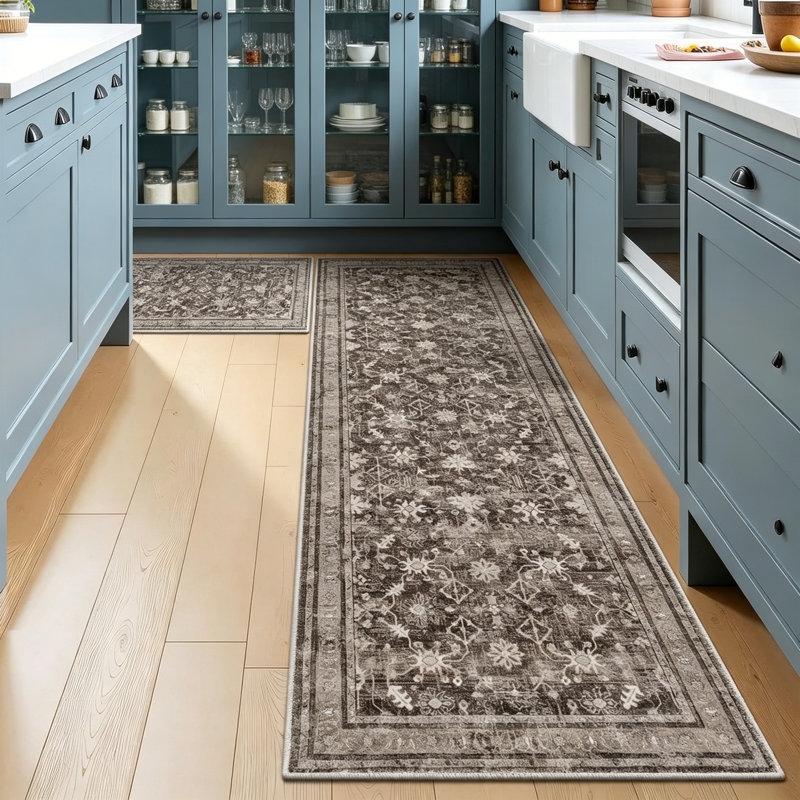 Non-Slip Washable Farmhouse Kitchen Rug Set of 2, Rubber Bottom, Green