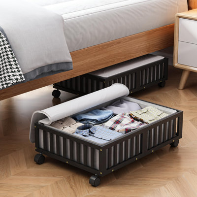 Contenants de rangement en bambou sous le lit avec roulettes, paquet de 2 bacs de rangement pour chaussures sous le lit, tiroirs à roulettes sous le lit en bois avec organiseur de sac, noir