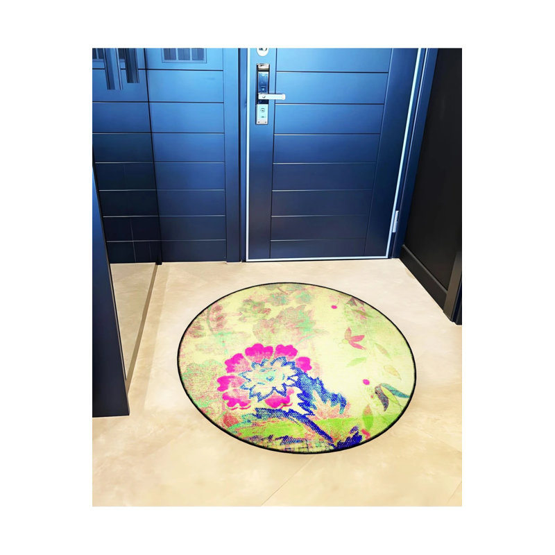 Green Multicolored Floral Detailed Woven Base Modern Decorative Carpet, Round 4'