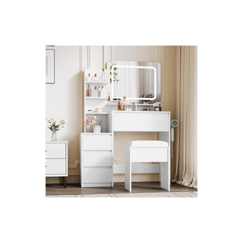 Modern Vanity Desk with LED Mirror & Adjustable Lighting, 36-Inch Makeup Table with 4 Drawers, Storage Shelves, Power Outlet