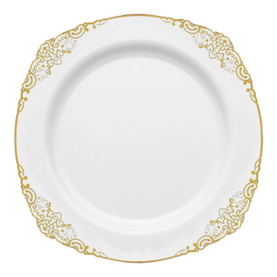 White with Silver Fancy Round Disposable Plastic Salad Plates (7.5") - 120 Plates