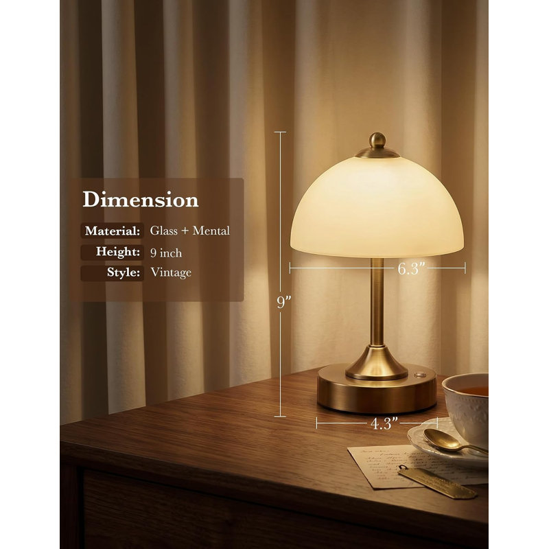 Lampe de table sans fil 9 po, lampe à pile rechargeable en or 5200 mAh, petite table de chevet en verre pour la chambre à coucher