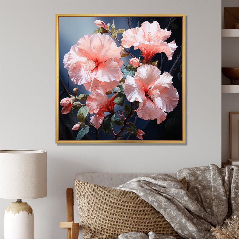 Hibiscus Impression romantique VI - Hibiscus, art mural, Cadre flottant doré, H 16 po x l 16 po x P 1 po