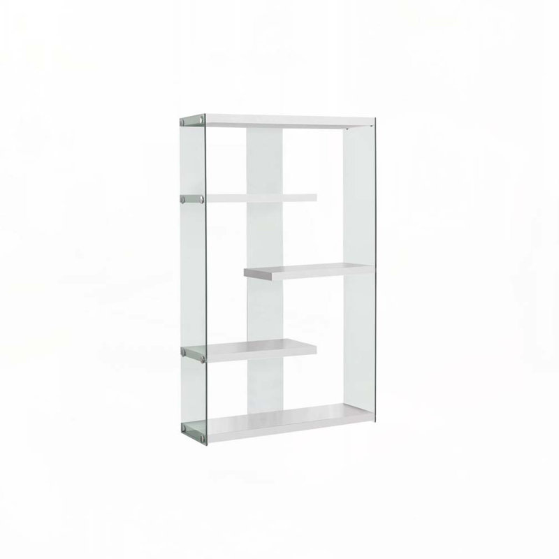 Bibliothèque, bibliothèque, étagère, 5 niveaux, h 60 po, bureau, chambre à coucher, stratifié blanc brillant, verre trempé transparent, contemporain, moderne