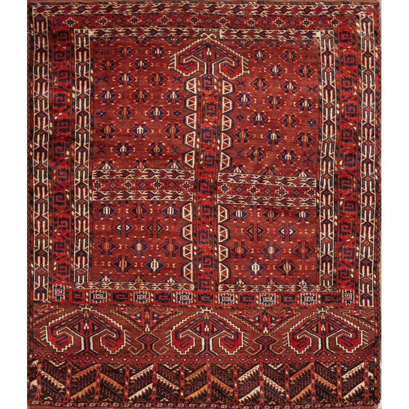 Red Tribal Antique Turkmen Engsi Allover Hand Knotted Square Central Asian Rug