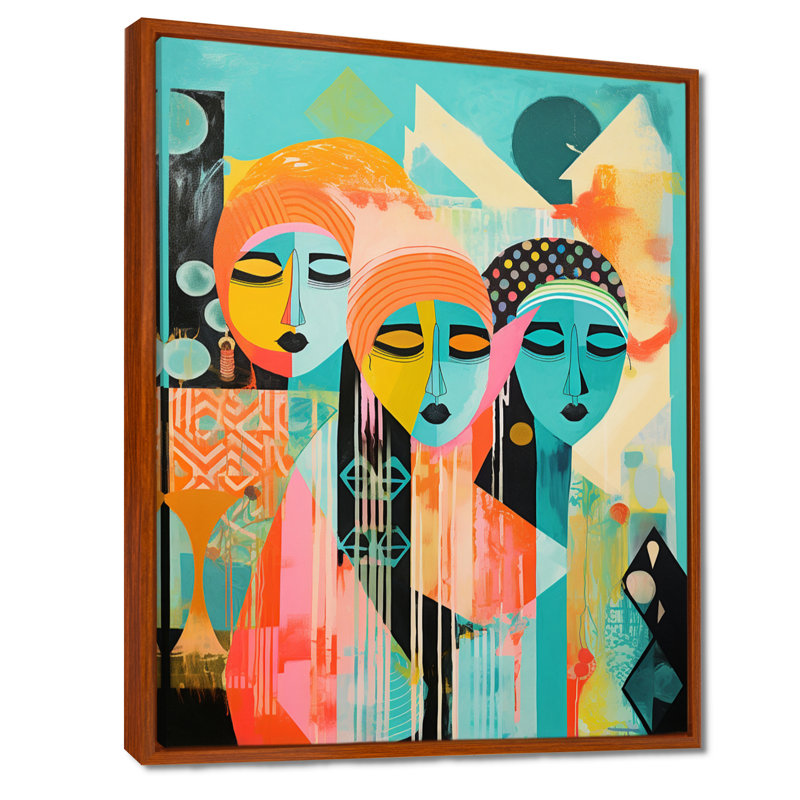 Serene Devotion Three Turquoise Woman Praying - Abstract Collages, impression d'art mural, Toile avec cadre flottant brun