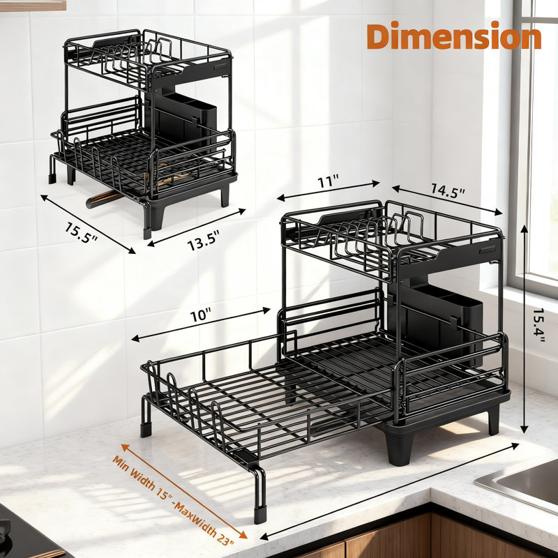 Égouttoir à vaisselle extensible avec conception à 2 niveaux, égouttoir à vaisselle de grande capacité pour comptoir de cuisine, égouttoir à vaisselle en acier inoxydable antirouille avec ustensiles et porte-gobelets