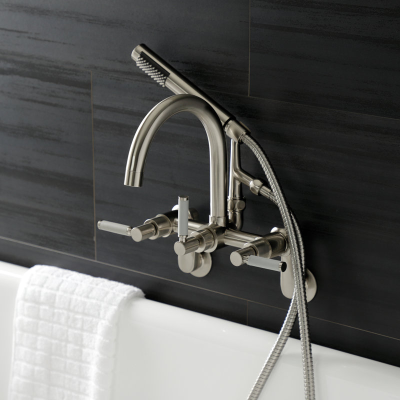 Kingston Brass Kaiser Three-Handle 2-Hole Tub Wall Mount Clawfoot Tub Faucet with Hand Shower, Brushed Nickel