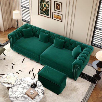 89" Velvet Upholstered Chesterfield Sofa King-Size Pull-Out Sofa Bed, Convertible Sleeper Couch with 4 Pillows, Green ﻿ ﻿