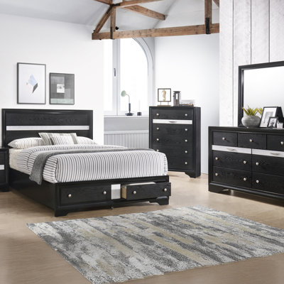 1 lit plateforme avec tiroirs de rangement en bois massif chatoyant noir